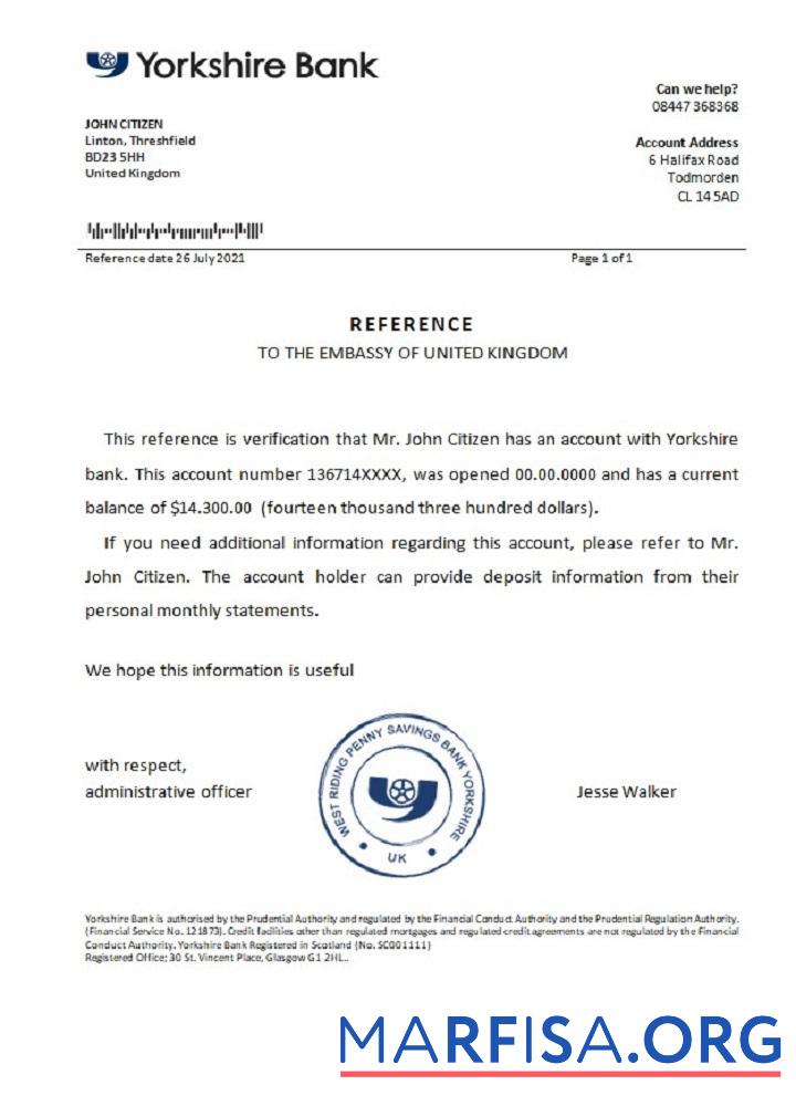 Printable United Kingdom Yorkshire bank reference download for verification